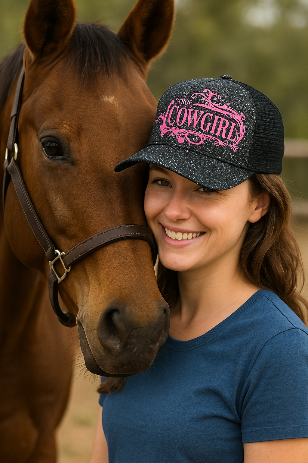 Ponytail Cap „True Cowgirl“ – Schwarz Glitter mit pinkem Aufdruck