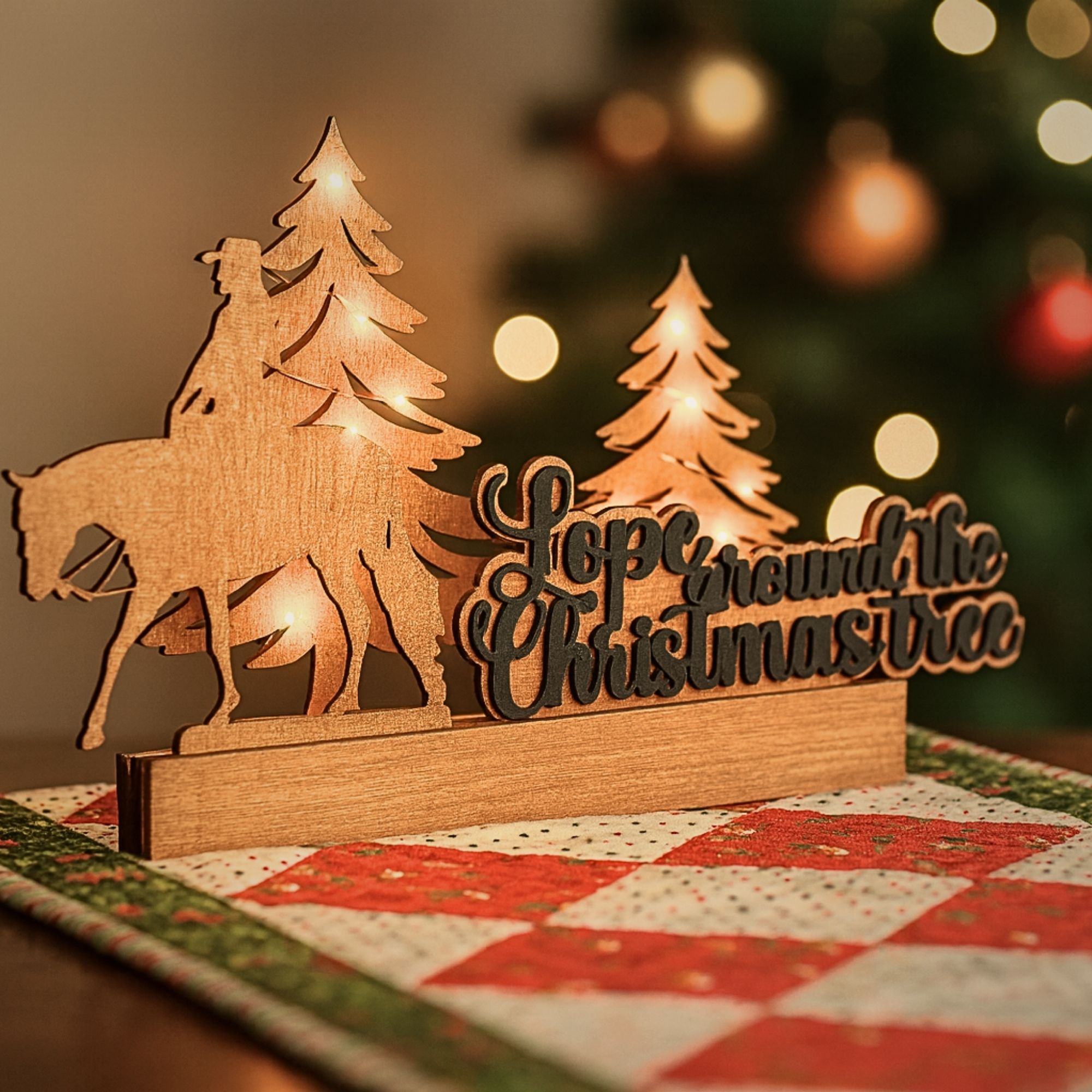 Western Pleasure „Lope Around the Christmas Tree“ – Holz-Weihnachtsdeko mit LED | Cowboy & Pferd | Handmade