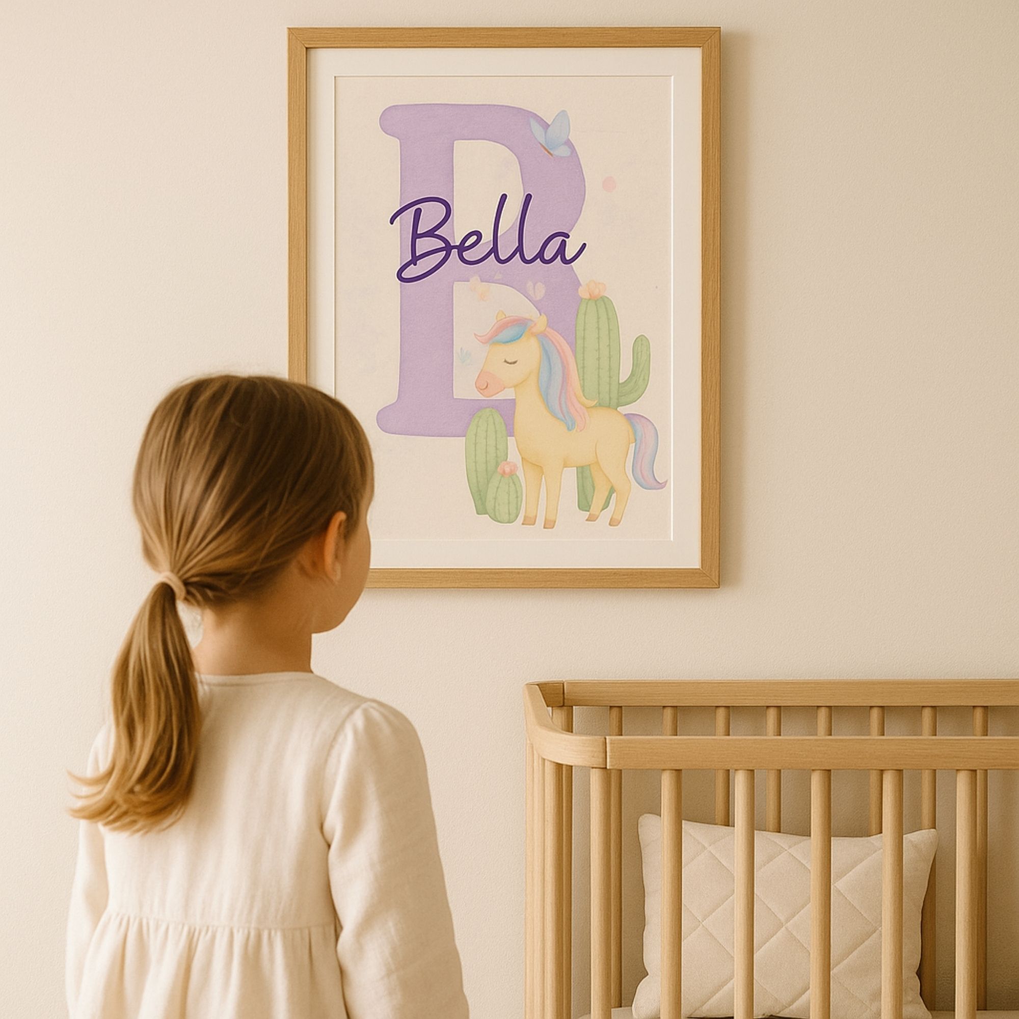 Namensposter „Regenbogen Pony“ – personalisierbares Kinderzimmer-Poster (Aquarell, Boho-Western)