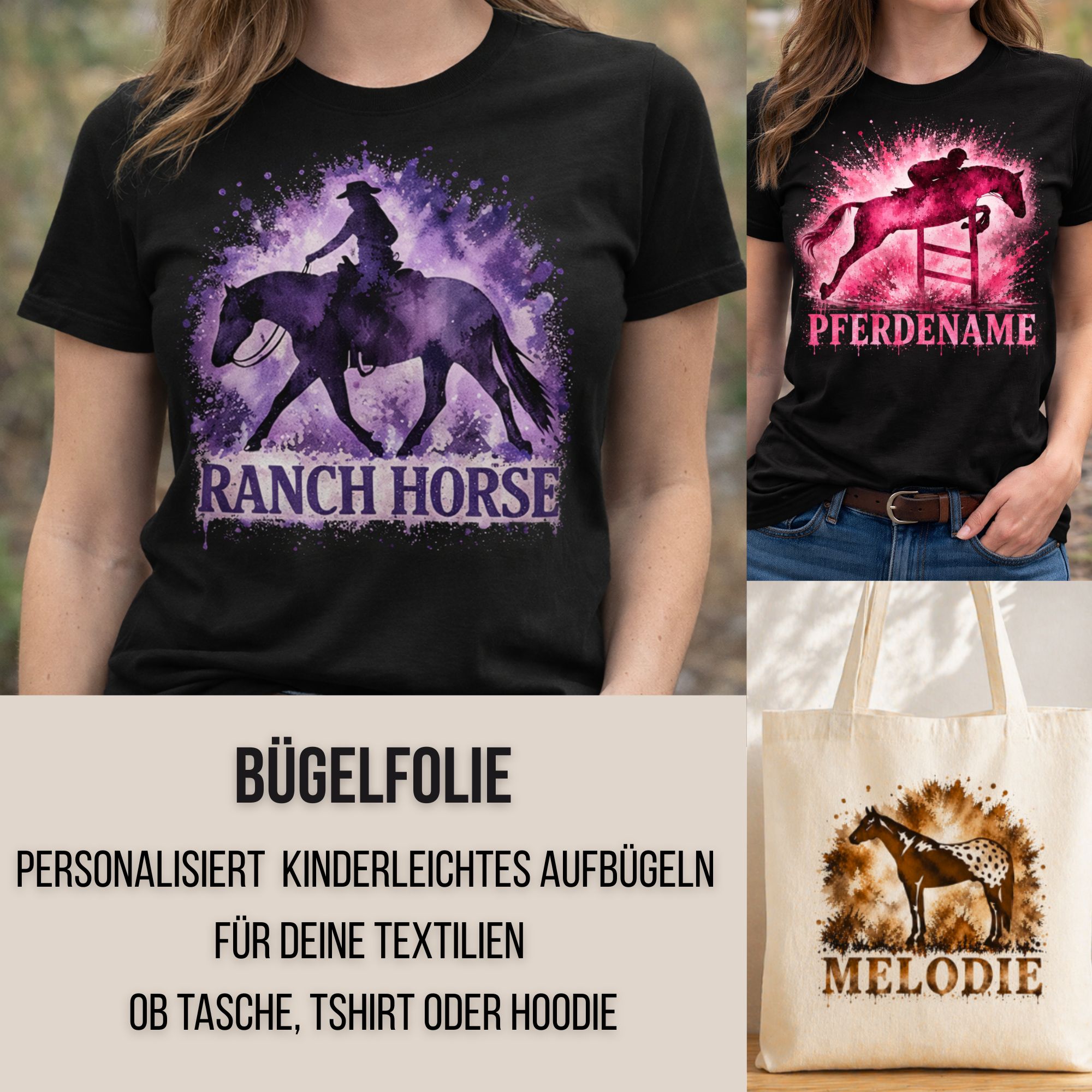 BÜGELFOLIE Pferdemotiv Aquarell mit Wunschname