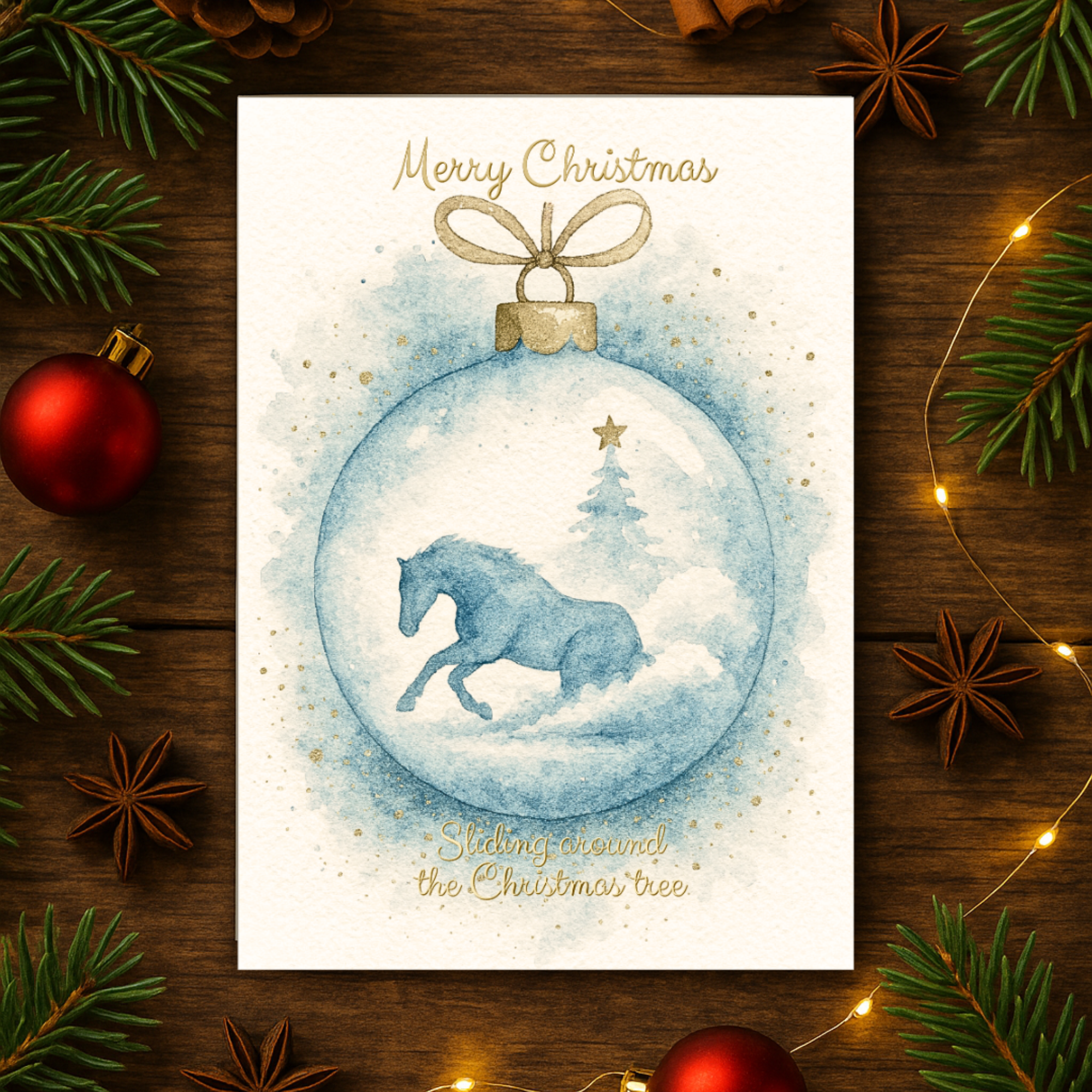 Weihnachtskarte „Sliding around the Christmas Tree“ – Reining Pferd