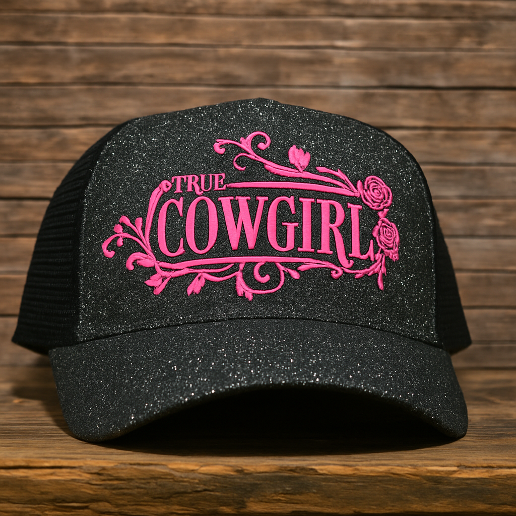 Ponytail Cap „True Cowgirl“ – Schwarz Glitter mit pinkem Aufdruck
