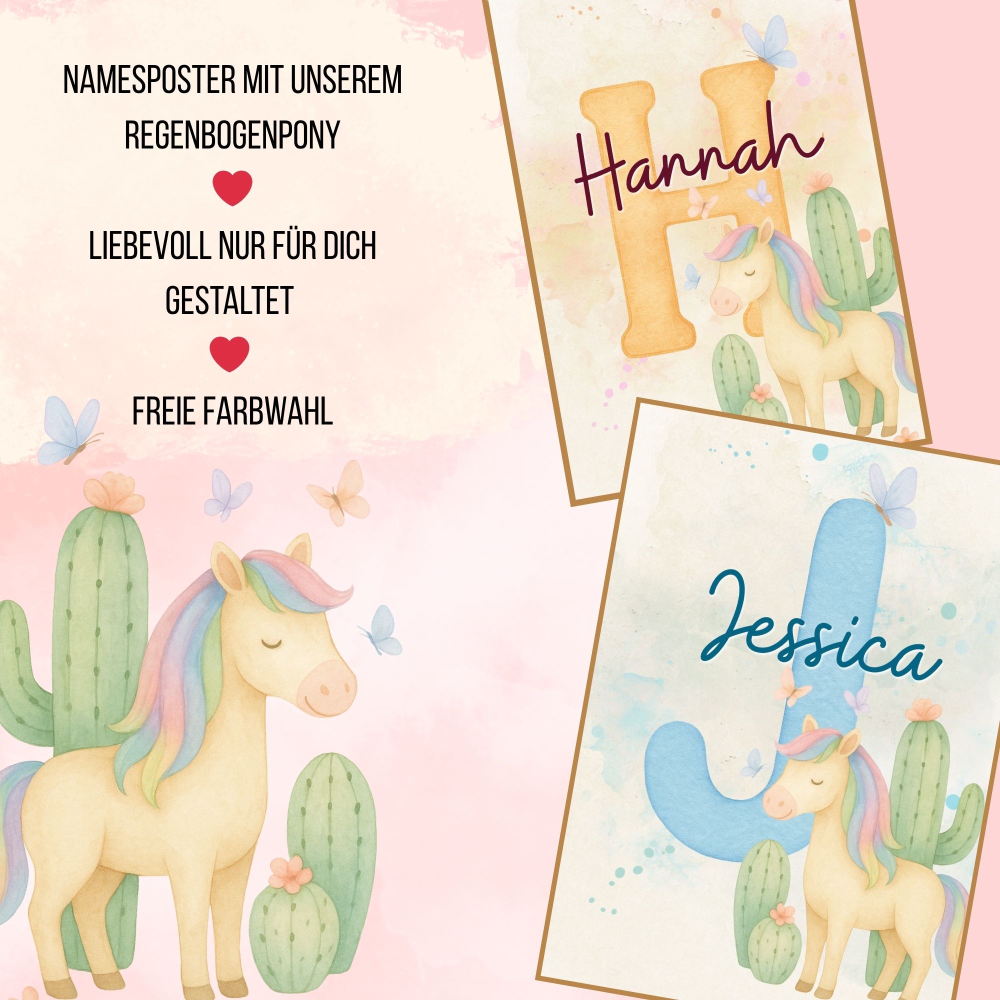 Namensposter „Regenbogen Pony“ – personalisierbares Kinderzimmer-Poster (Aquarell, Boho-Western)