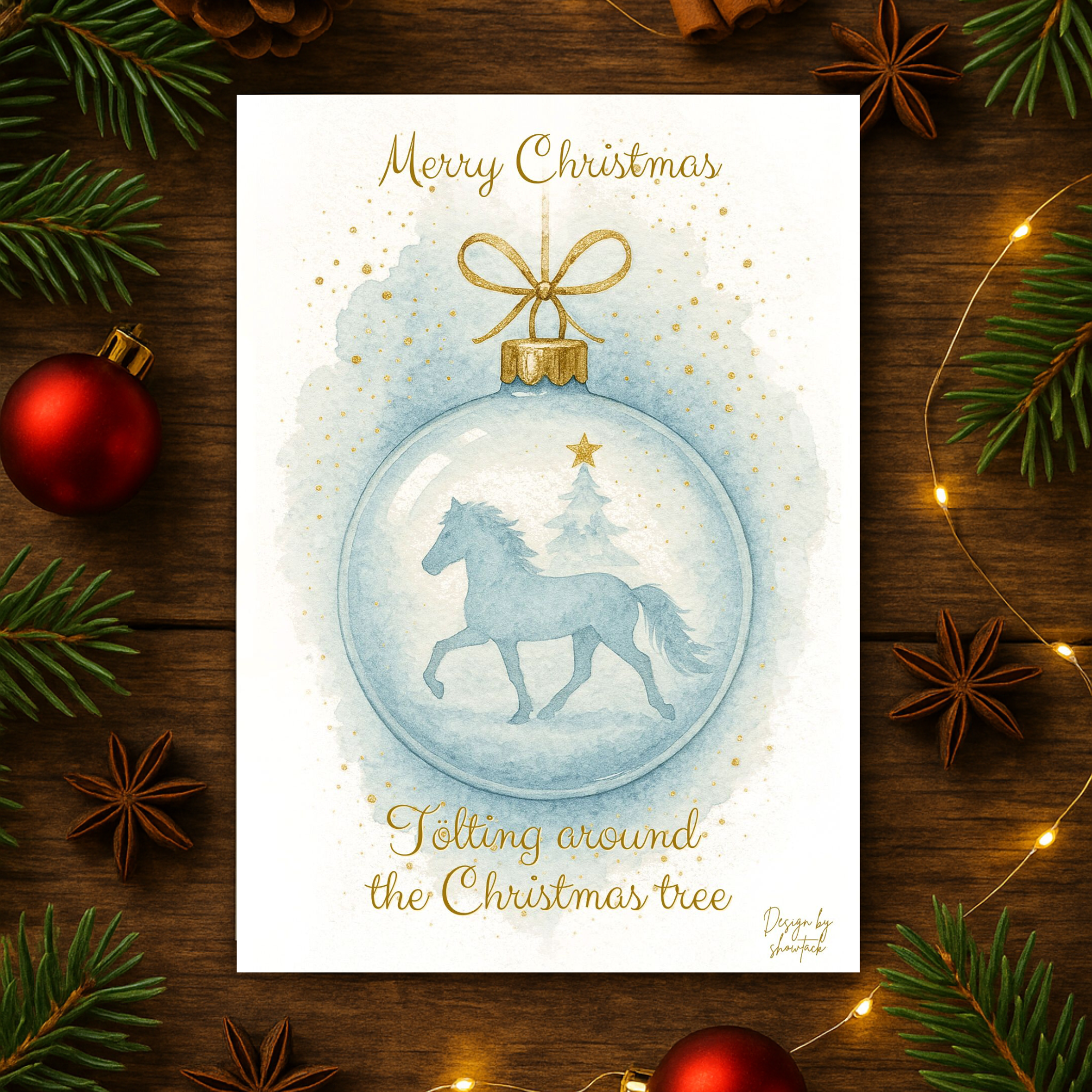 Weihnachtskarte „Tölting around the Christmas Tree“ – Islandpferd