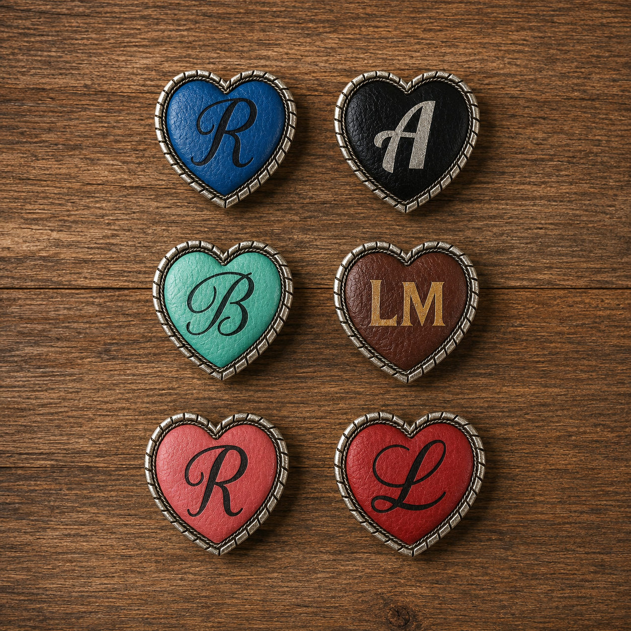 2er Set personalisierte Herz-Conchos mit Initialen