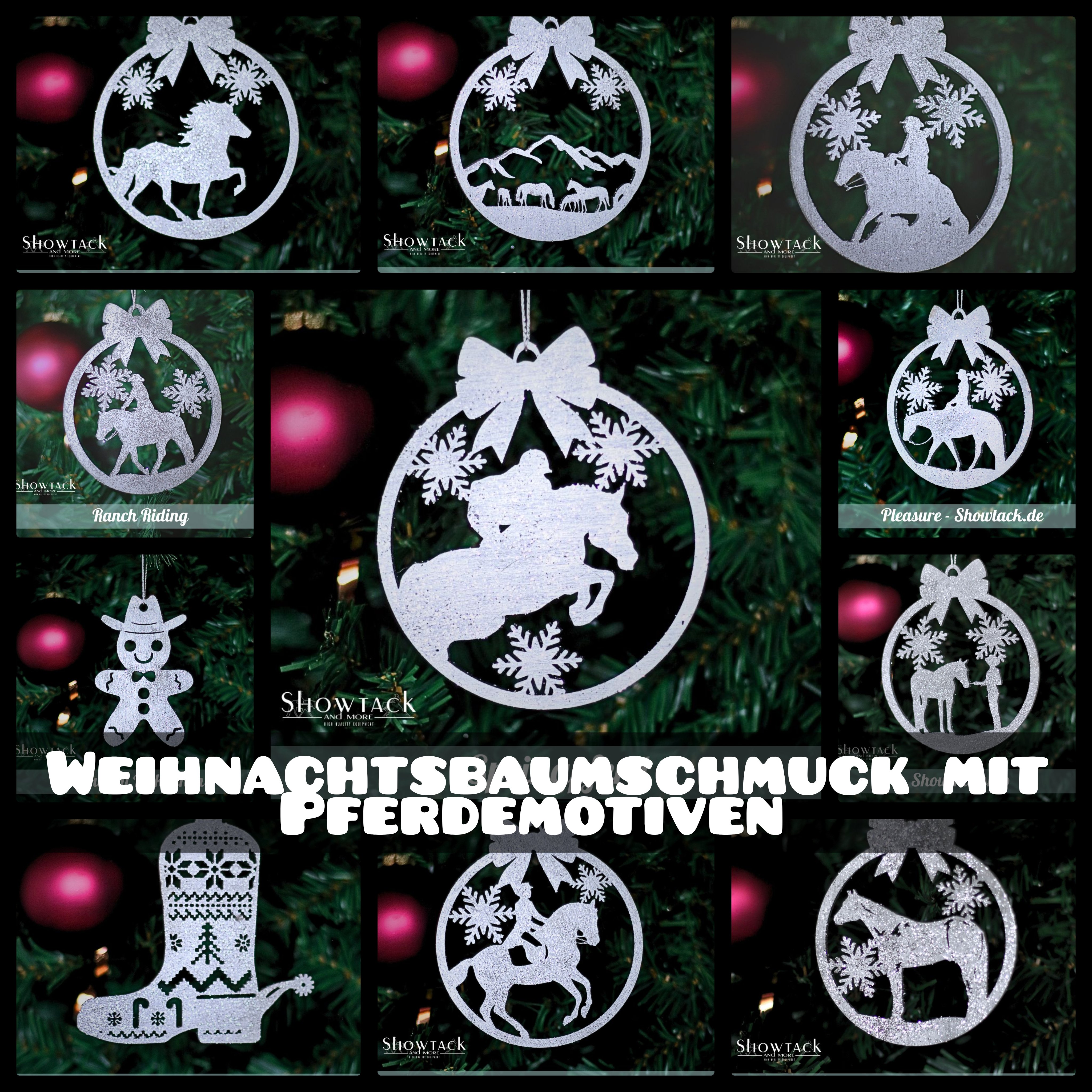Gold- und silberfarbener Weihnachtsbaumschmuck mit Pferdemotiven