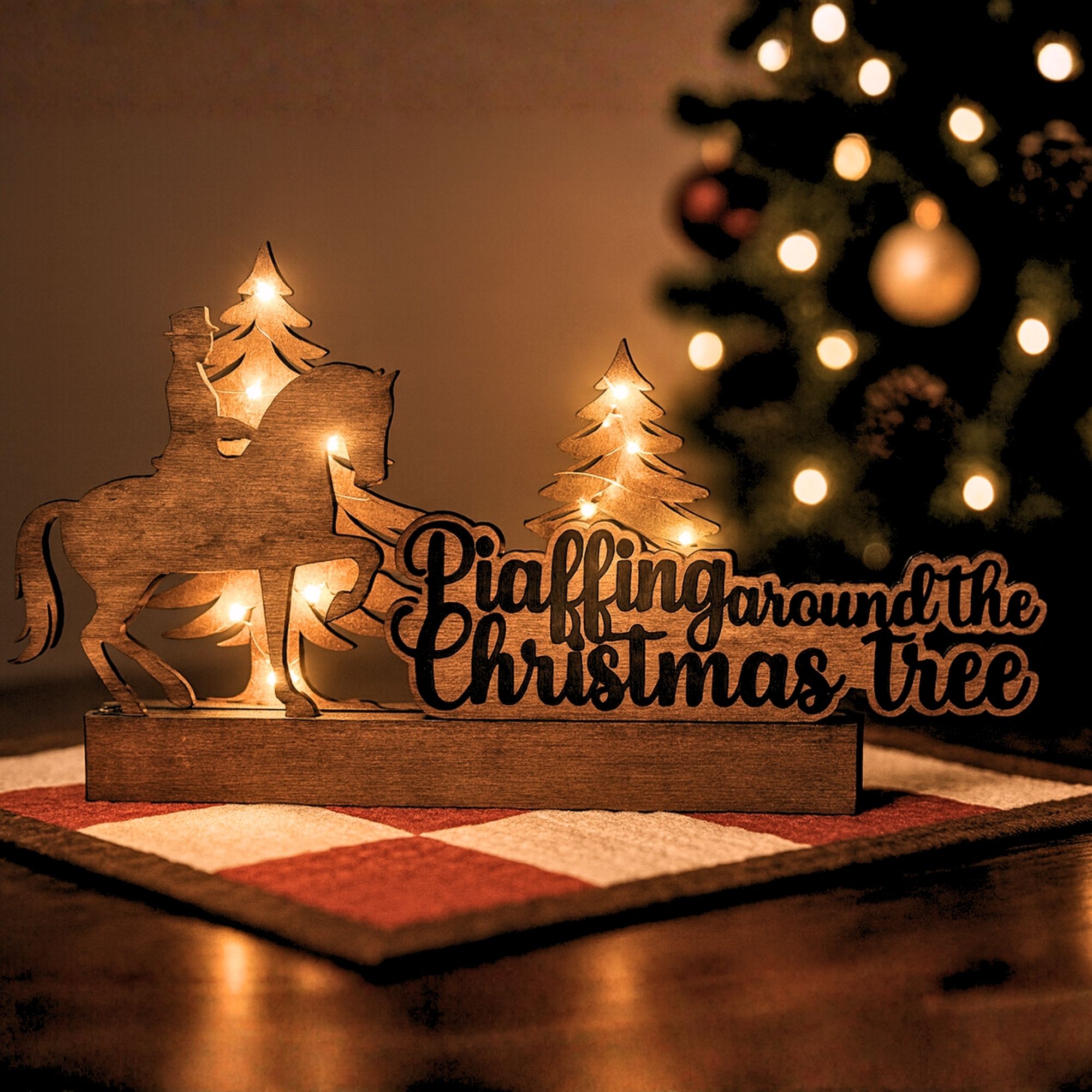 Dressur Holzdeko – Piaffing Around the Christmas Tree | LED Silhouette | Premium Weihnachtsdeko