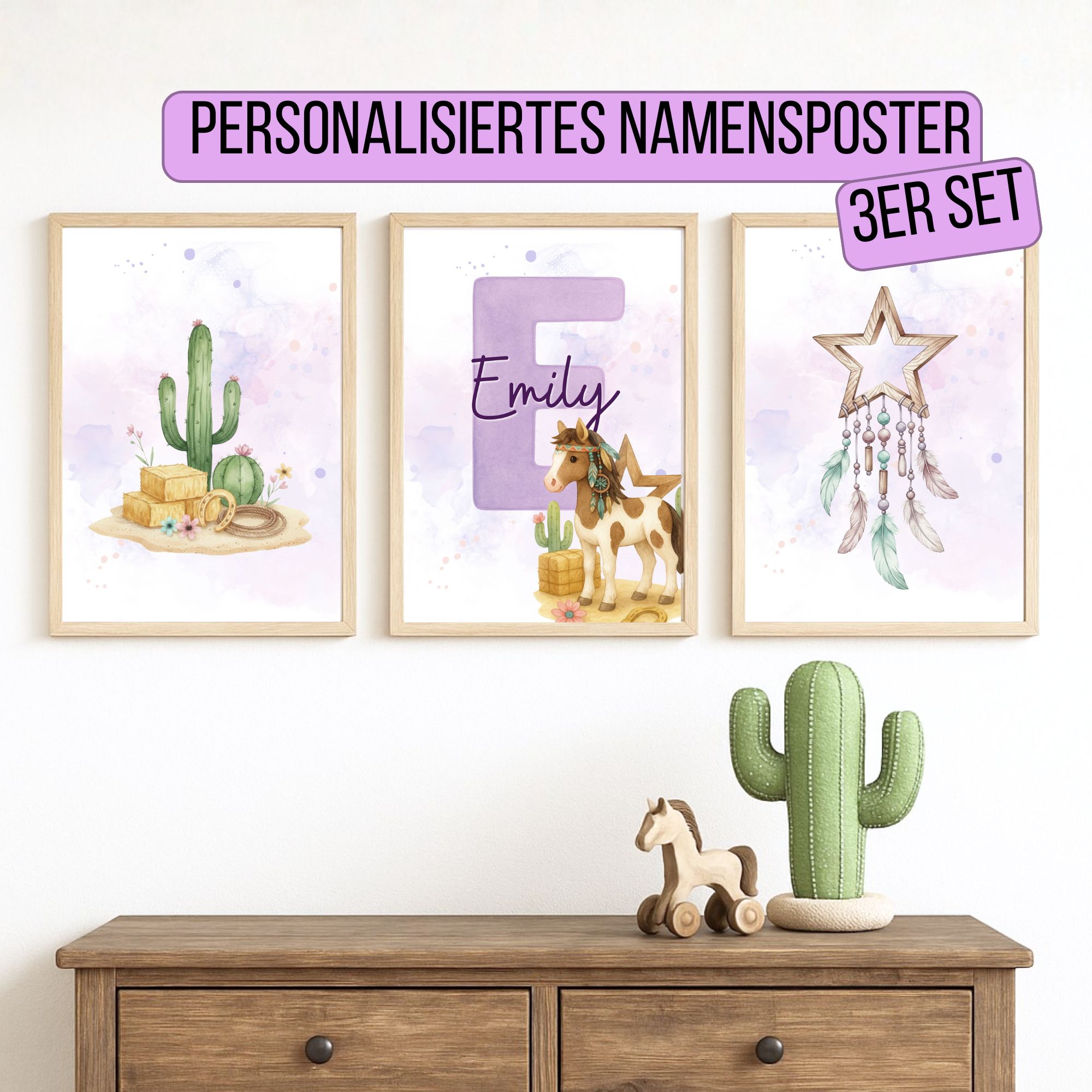 3er Set Namensposter „Pony mit Traumfänger“ – personalisierbares Kinderzimmer-Poster (Aquarell, Boho-Western)