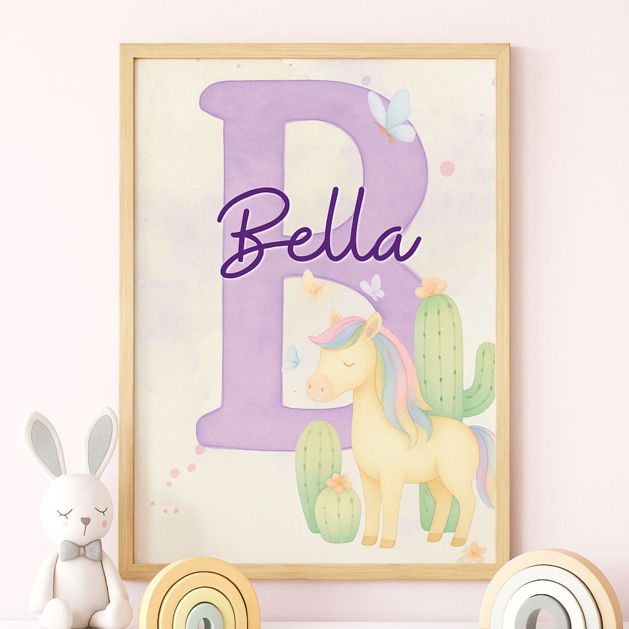 Namensposter „Regenbogen Pony“ – personalisierbares Kinderzimmer-Poster (Aquarell, Boho-Western)