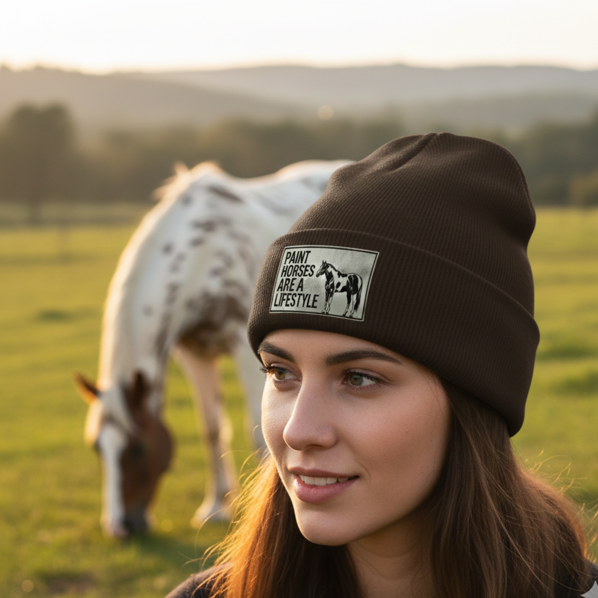 Beanie mit grauem Lederpatch – „Paint Horses are a Lifestyle“ | Warme Wintermütze für Reiterinnen & Westernfans