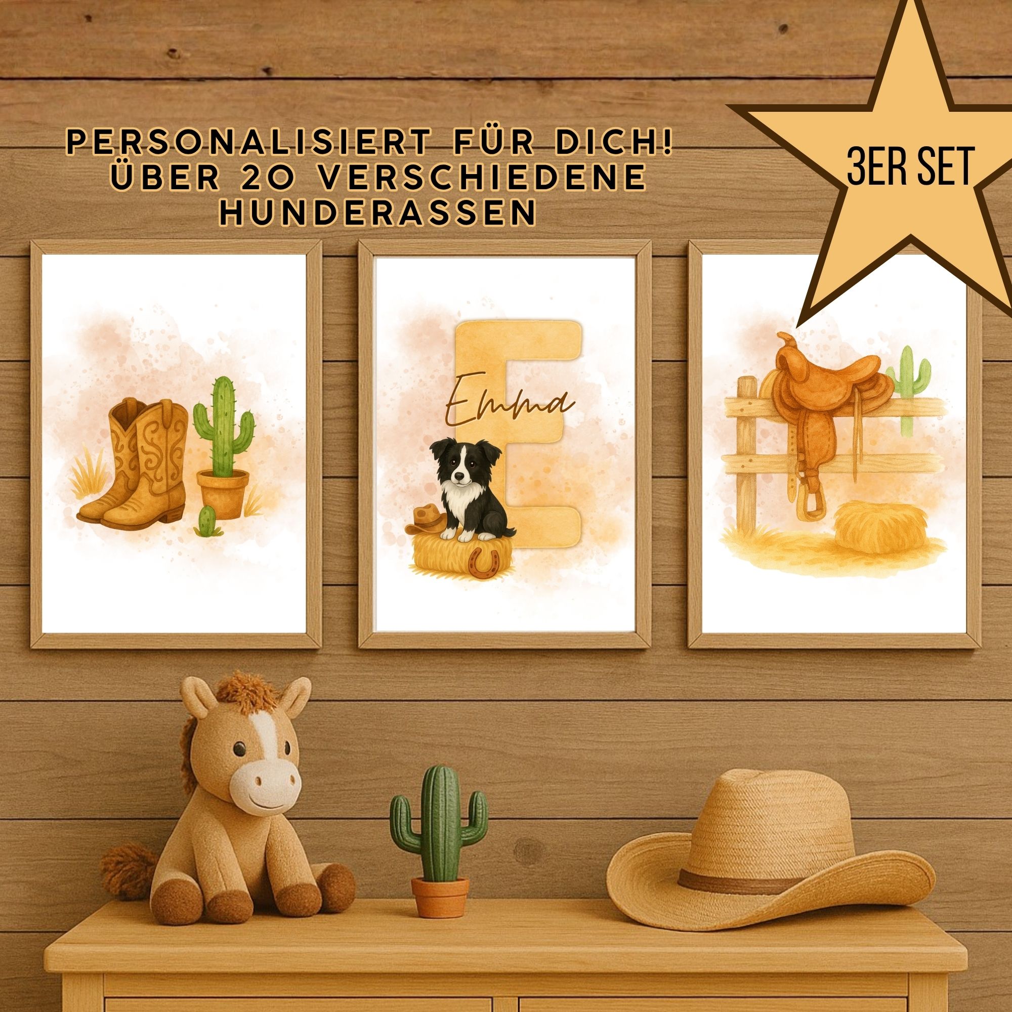 3er Set Namensposter „Western Hund “ – personalisierbares Kinderzimmer-Poster (Aquarell, Boho-Western) 
