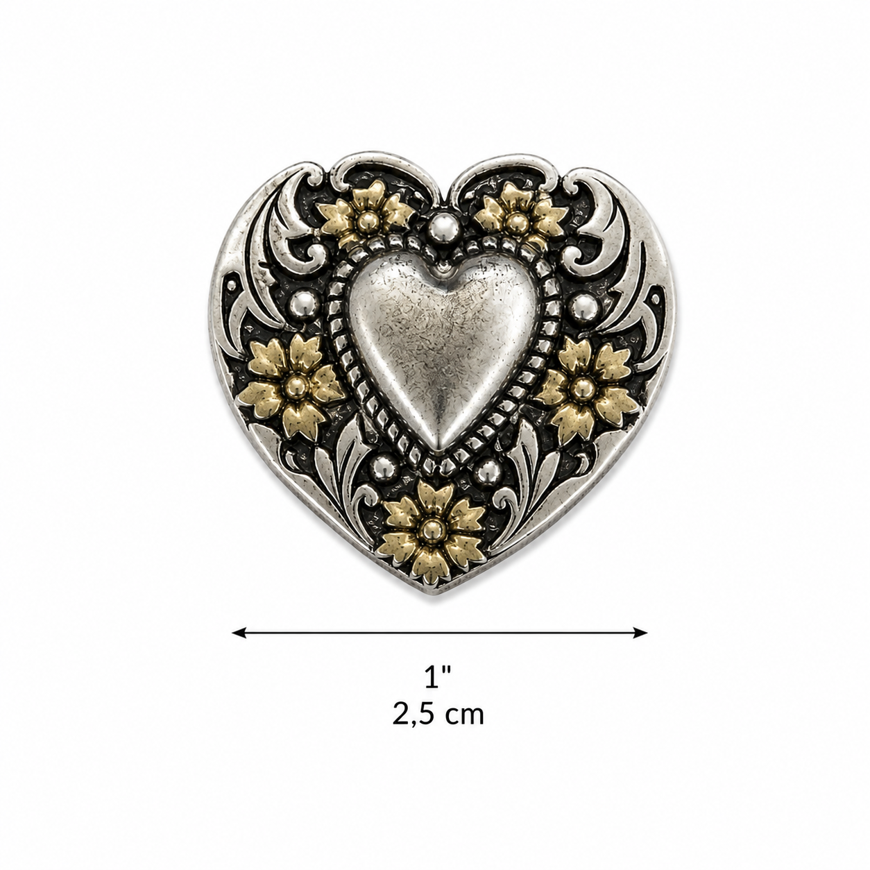 Herz-Concho 1" Gun Silver mit Gold-Details