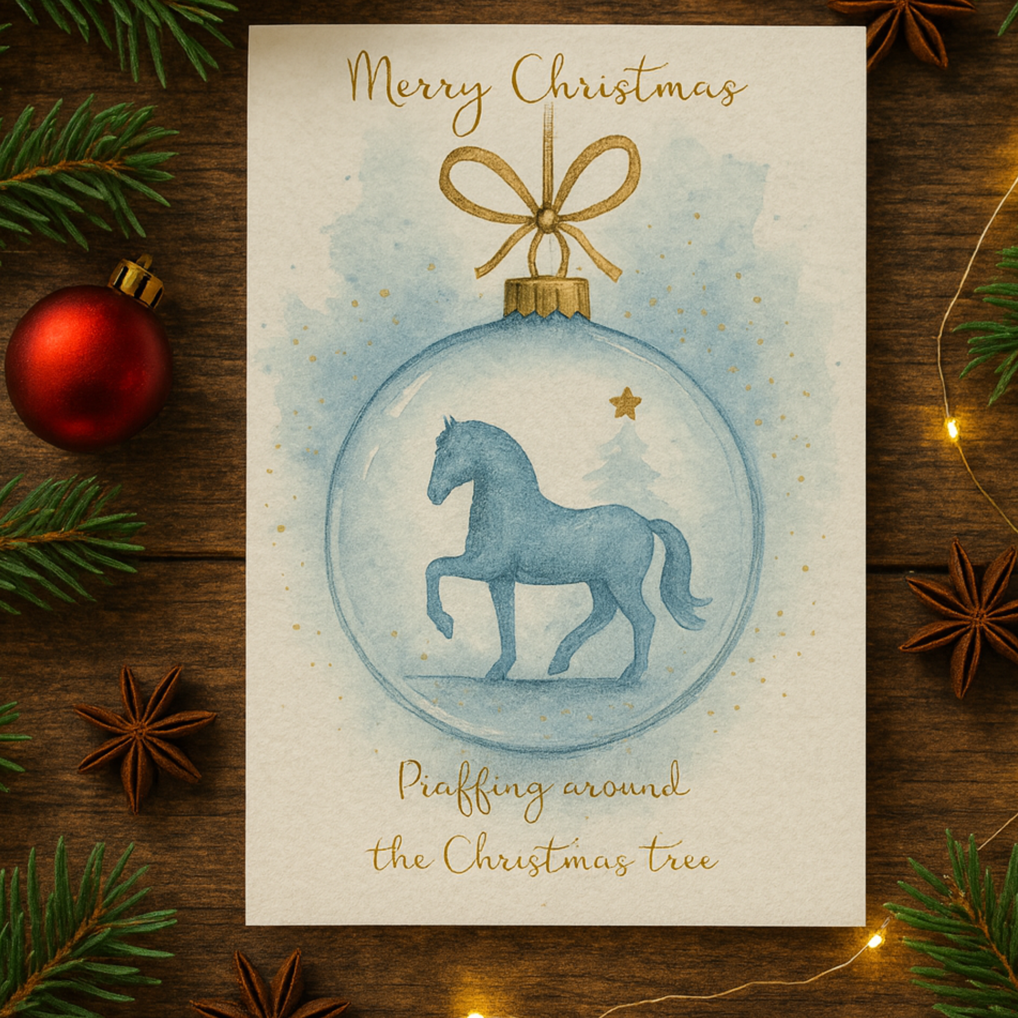 Weihnachtskarte „Piaffe“ – A6 Postkarte (Aquarell Dressurpferd)