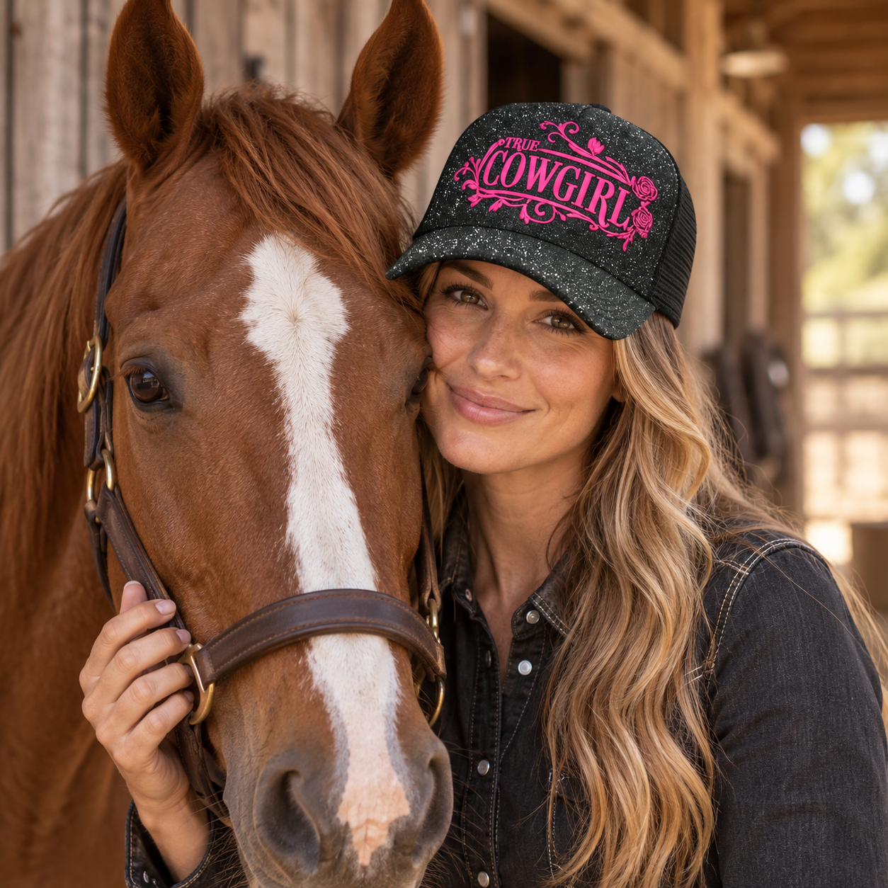 Ponytail-Cap True Cowgirl – Schwarz-Glitzer/Pink