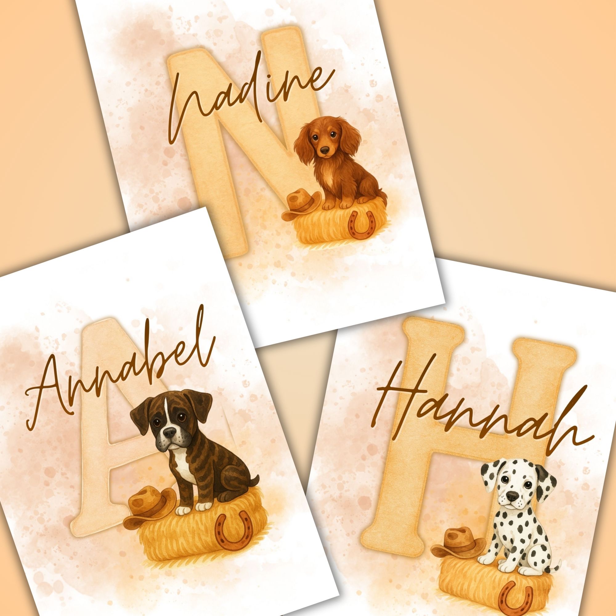3er Set Namensposter „Western Hund “ – personalisierbares Kinderzimmer-Poster (Aquarell, Boho-Western) 