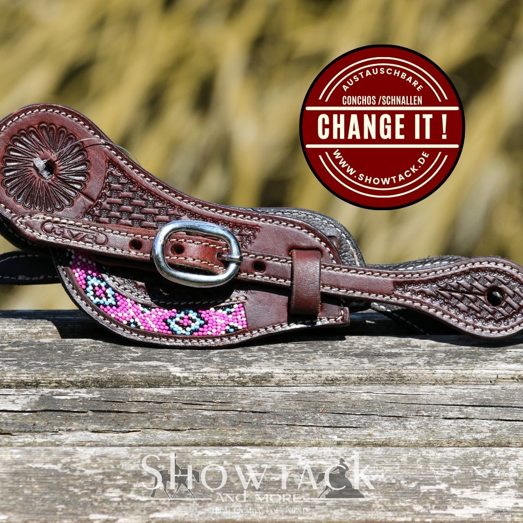 Sporenriemen Pearls Pink Schnallen und Conchos: Oval Silber mit Strass