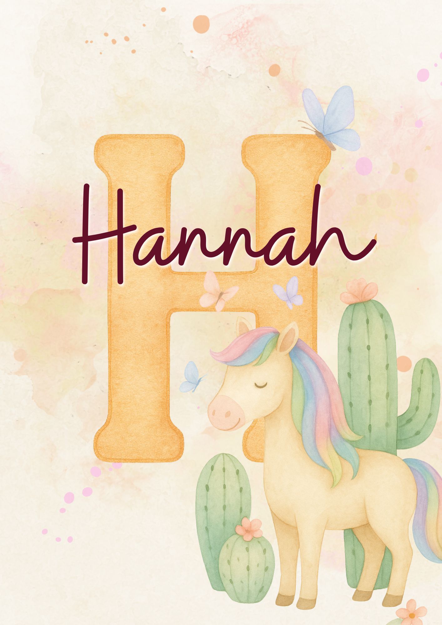 Namensposter „Regenbogen Pony“ – personalisierbares Kinderzimmer-Poster (Aquarell, Boho-Western)