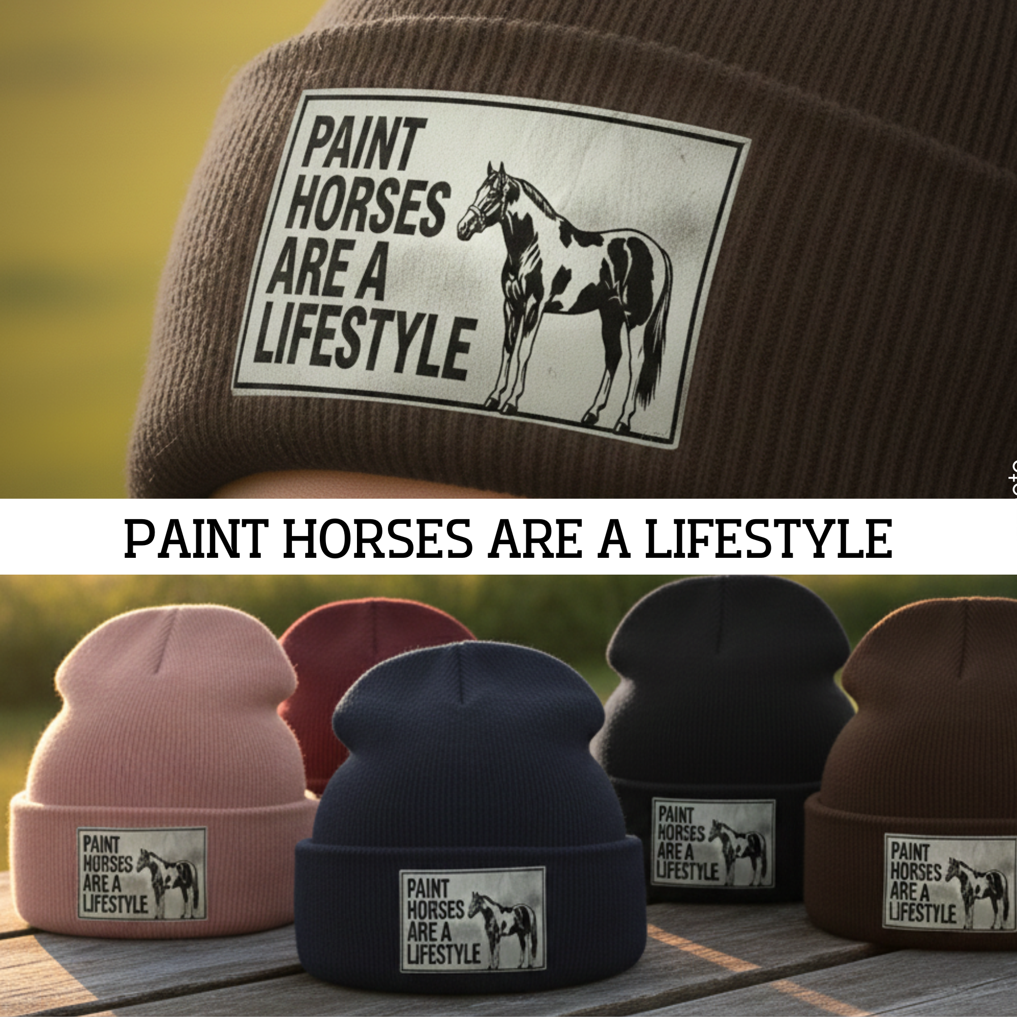 Beanie mit grauem Lederpatch – „Paint Horses are a Lifestyle“ | Warme Wintermütze für Reiterinnen & Westernfans