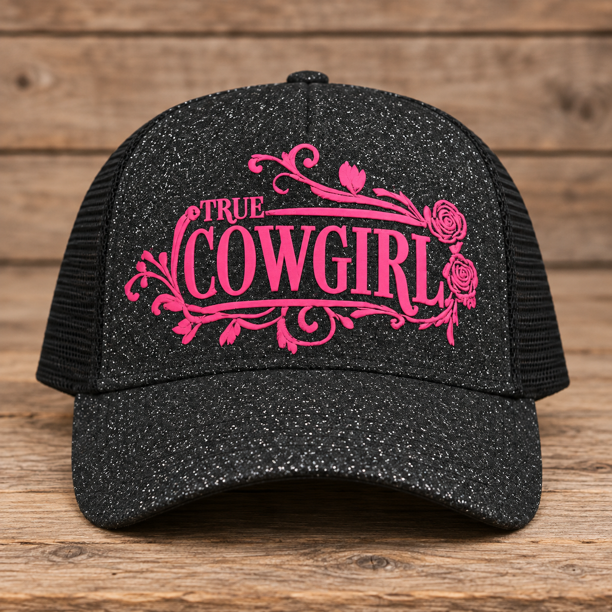 Ponytail-Cap True Cowgirl – Schwarz-Glitzer/Pink