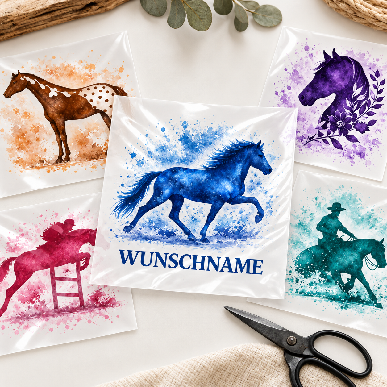 BÜGELFOLIE Pferdemotiv Aquarell mit Wunschname